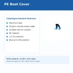 Slide titled 'PE Boot Cover' with left rounded card listing catalogue-backed features and a small blue boot-cover image on the right; bottom banner says 'MOQ editable: confirm with sales'.
