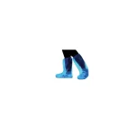 Person wearing blue disposable protective boot covers over shoes against a white background (partial standing view).