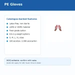 Slide showing PE Gloves features: latex-free, LDPE/HDPE material, food-grade option, weight options, sizes S-XL, 100 pcs/box or 2,000 pcs/carton with a small hands image on the right, MOQ note below.