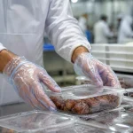 Worker in a white uniform and gloves seals a plastic container of dried fruit in a food processing facility—close-up of hands.