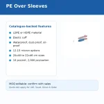 Slide titled 'PE Over Sleeves' showing a left panel of catalogued features with blue bullet points (material: LDPE/HDPE; elastic cuff; waterproof, dust- and oil-proof; 12–15 micron; sizes 20×40 to 22×46 cm; 10 pcs/roll, 2,000 pcs/carton) and a small sleeve illustration on the right; bottom MOQ editable banner.