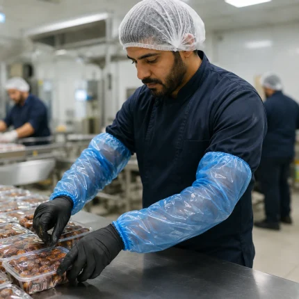 Male factory worker in a hairnet and blue disposable sleeves packs trays of brown confections on a stainless steel production line.