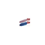 Two forearms wearing disposable protective sleeves—pink on top and blue underneath, extending to the wrists