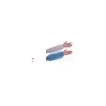 Two forearms extend outward, wearing pink and blue disposable protective sleeves on the forearms (abstract image).