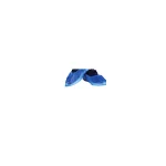 Pair of blue disposable shoe covers worn over sneakers on a white background
