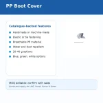 Slide showing PP boot cover features: handmade or machine-made; elastic or tie fastening; breathable PP material; water and dust repellent; 20–40 g options; blue, green, white options; small boot-cover image on the right.