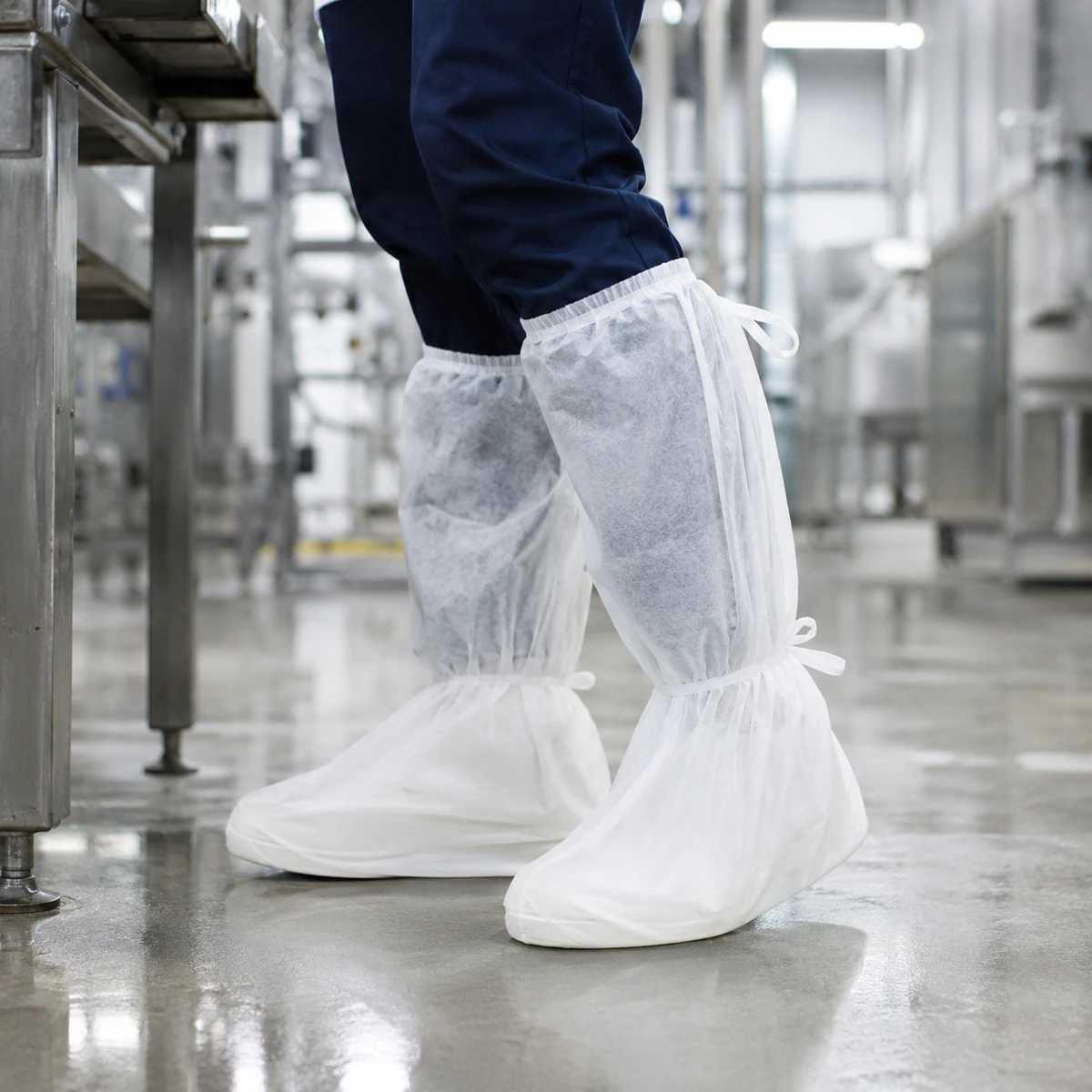 pp-boot-cover-in-use-uae Person wearing disposable boot covers over blue pants in a clean industrial facility to prevent contamination or dirt on floors.