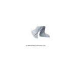 Partial view of a light-blue disposable medical gown pant leg on a white background.
