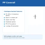 Slide titled 'PP Coverall' with a rounded card listing catalogue-backed features and a small figure in a coverall on the right; MOQ editable note at bottom.