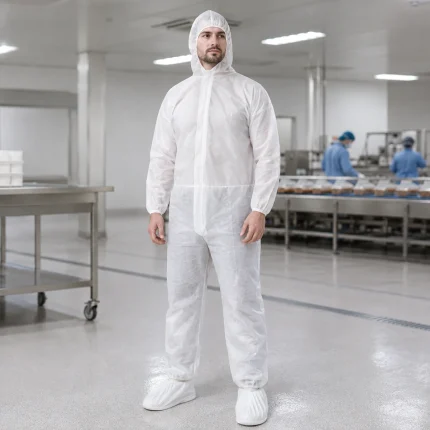 Man in a white cleanroom suit with hood standing in a sterile manufacturing facility.