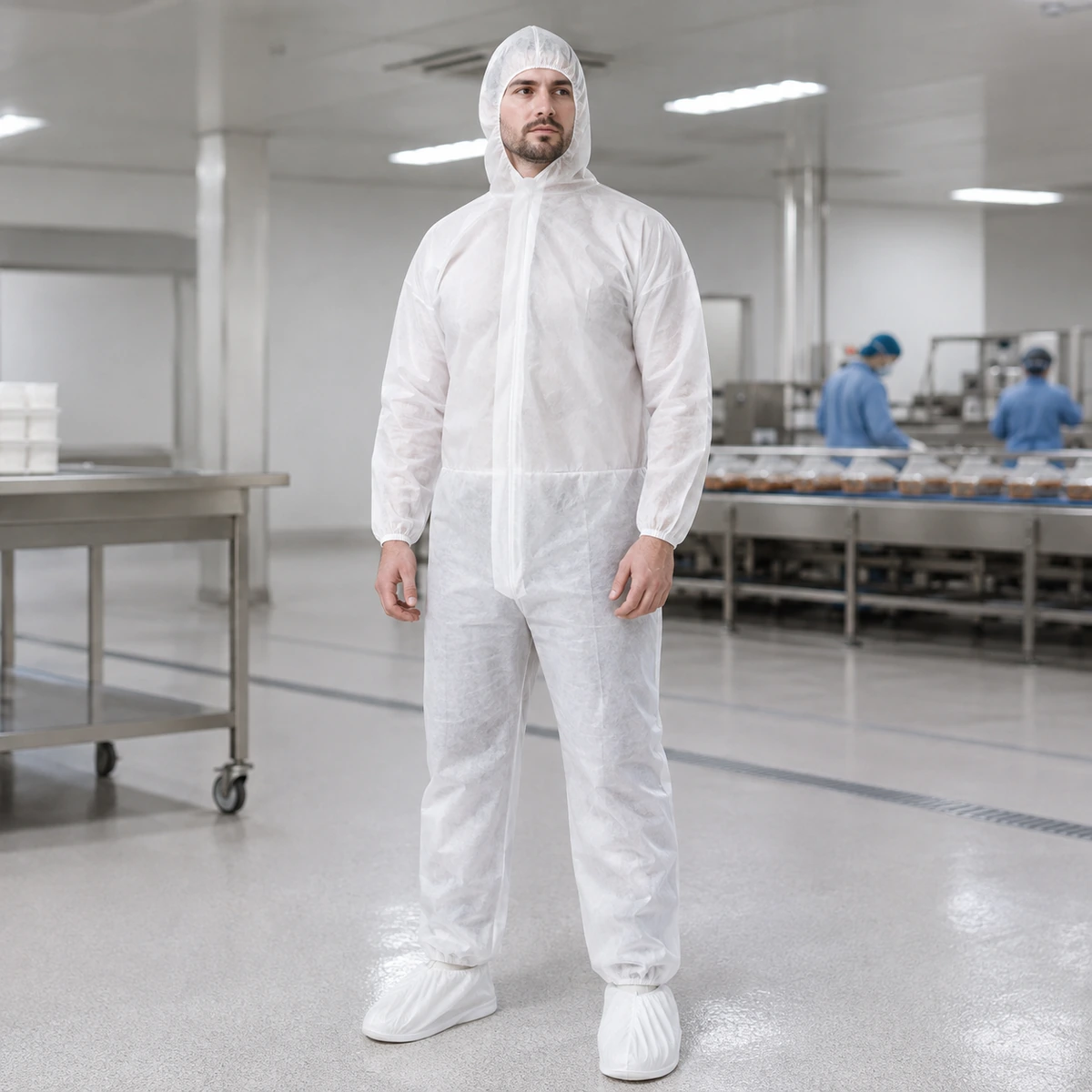 pp-coverall-in-use-uae Man in a white cleanroom suit with hood standing in a sterile manufacturing facility.