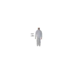 Person in a white full-body protective hazmat suit with hood, standing upright.