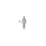 Person in a white hooded protective coverall standing (PPE outfit).