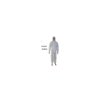 Person in a white hooded protective coverall standing (PPE outfit).
