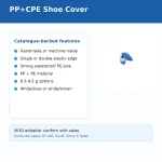 Slide titled 'PP+CPE Shoe Cover' with a left panel listing catalogue-backed features (handmade or machine-made, single/double elastic edge, strong waterproof PE sole, PP+PE material, 8.5–9.5 g options, white/blue or white/brown) and a small blue shoe cover image on the right.