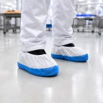 Close-up of white pant legs and blue-soled disposable boot covers stepping on a clean lab floor in a sterile environment