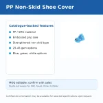 Infographic detailing PP non-skid shoe cover features, including material, grip sole, weights, colors, with a small blue shoe cover image.