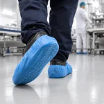 Person wearing blue disposable shoe covers walking on a clean, shiny floor; others in white protective suits in the background