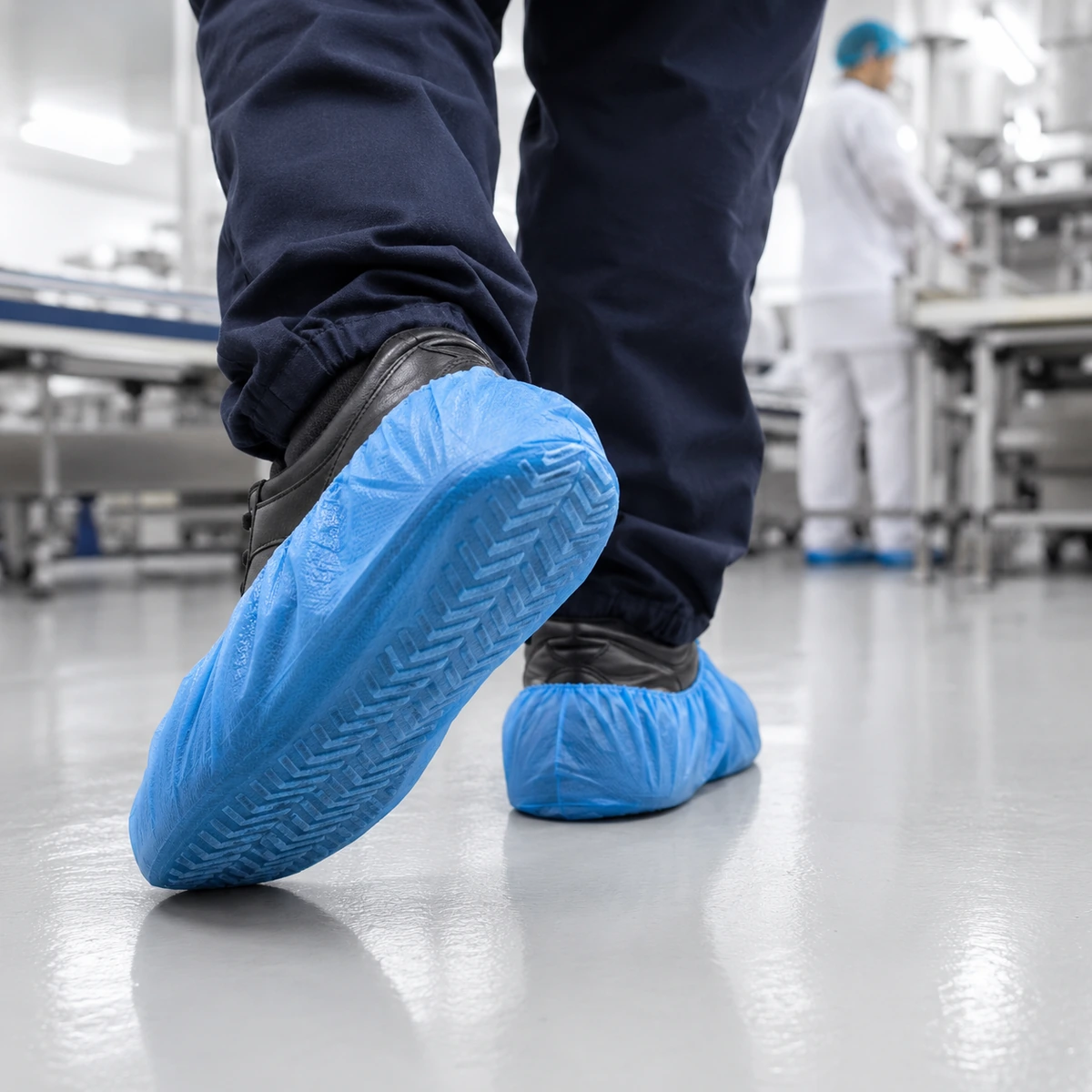 pp-non-skid-shoe-cover-in-use-uae Person wearing blue disposable shoe covers walking on a clean, shiny floor; others in white protective suits in the background