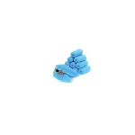 Pile of blue rolled towels with a matching blue towel and a single blue water shoe on a white background, centered bottom-right.