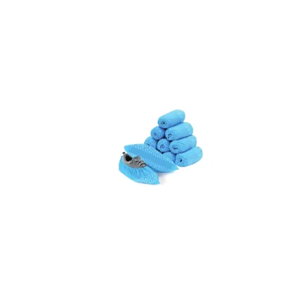 Pile of blue rolled towels with a matching blue towel and a single blue water shoe on a white background, centered bottom-right.