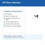 Slide titled 'PP Over Sleeves' with a blue header and a rounded card listing catalogue-backed features: PP material, elastic cuffs, breathable/oil-proof, size options, and MOQ note.