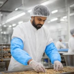 Male food-industry worker in a white coat, hairnet, and blue protective sleeves arranges pastries on a tray in a clean production line.