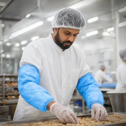 Male food-industry worker in a white coat, hairnet, and blue protective sleeves arranges pastries on a tray in a clean production line.