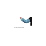 Outstretched arm wearing a blue disposable medical glove, suggesting a healthcare or clinical context
