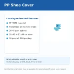 Slide titled PP Shoe Cover; features list on the left and a blue shoe covers image on the right.
