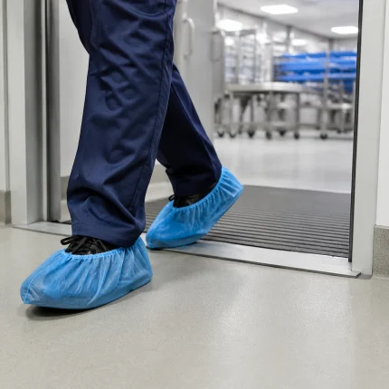 Person wearing blue disposable shoe covers stepping onto a cleanroom floor at a doorway, with sterile equipment in the background.