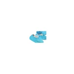 Blue disposable shoe covers worn over shoes in a medical or clean-room setting, protecting footwear in a sterile environment.