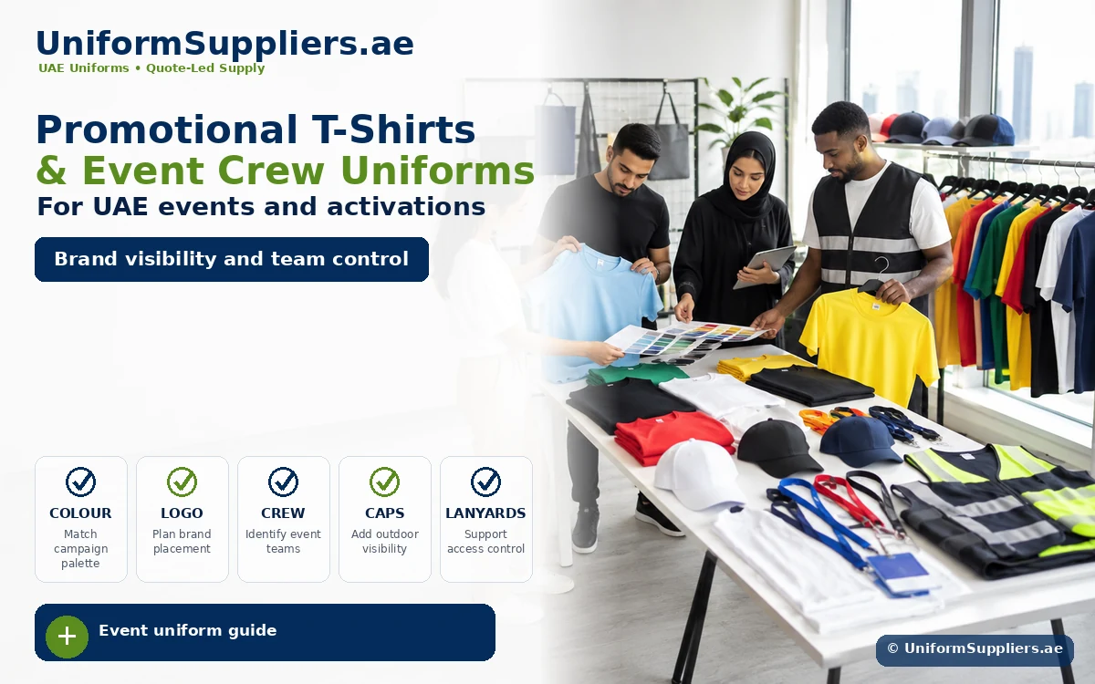 Group of people examining shirts and color swatches for promotional T-shirts and event crew uniforms in a bright studio with racks of colorful apparel nearby.