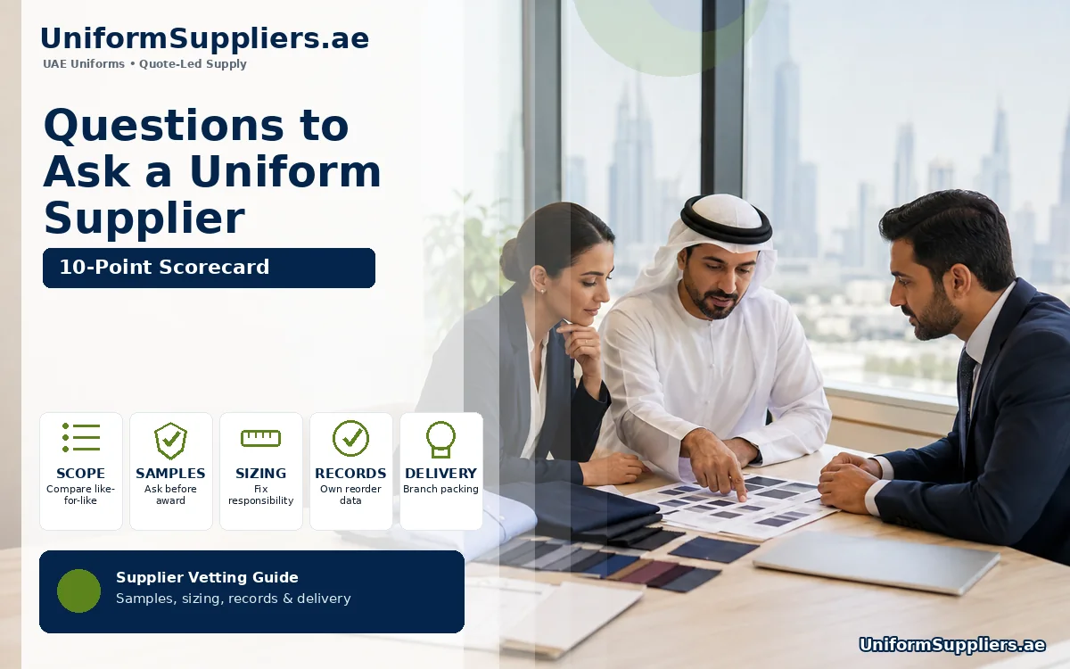 Procurement manager reviewing uniform supplier questions with fabric samples and a checklist in a UAE office