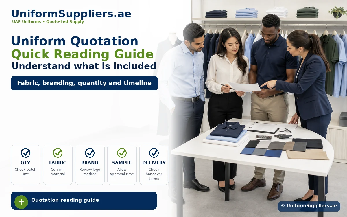 Four professionals review fabric samples at a clothing showroom with a table of swatches and shirts in the background.
