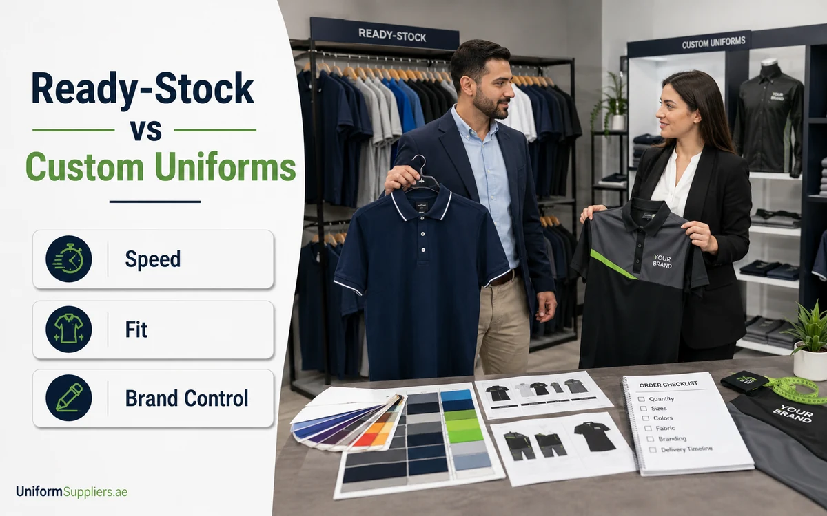 Ready stock vs custom uniforms checklist hero image for UAE buyers