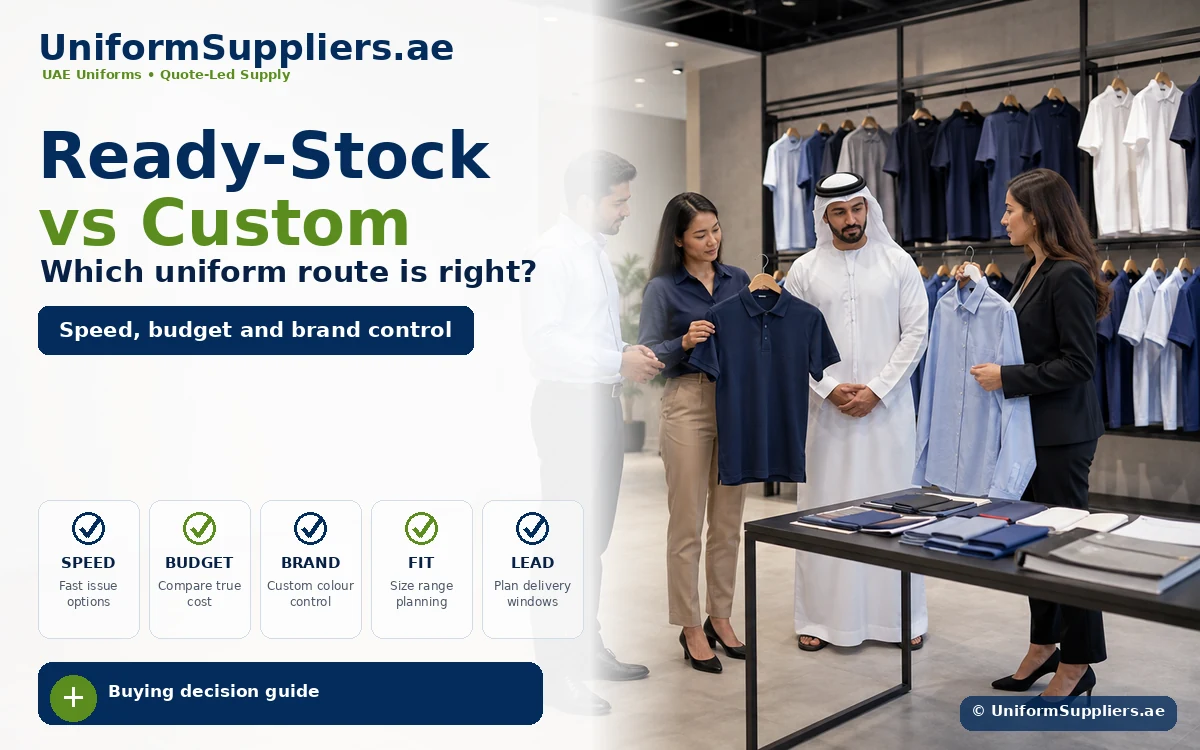 Group of professionals in a uniform showroom inspecting navy polo shirts on a display table and hangers in the background