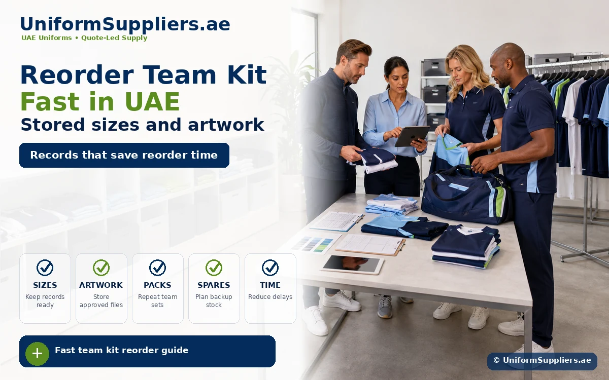 Four staff members in a uniform shop review shirts and packing uniforms on a table, for a reorder team kit banner.
