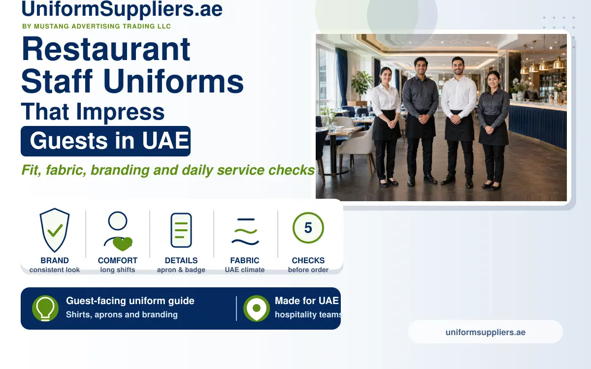 Infographic cover for UAE restaurant staff uniforms showing brand, comfort, details, fabric and five pre-order checks