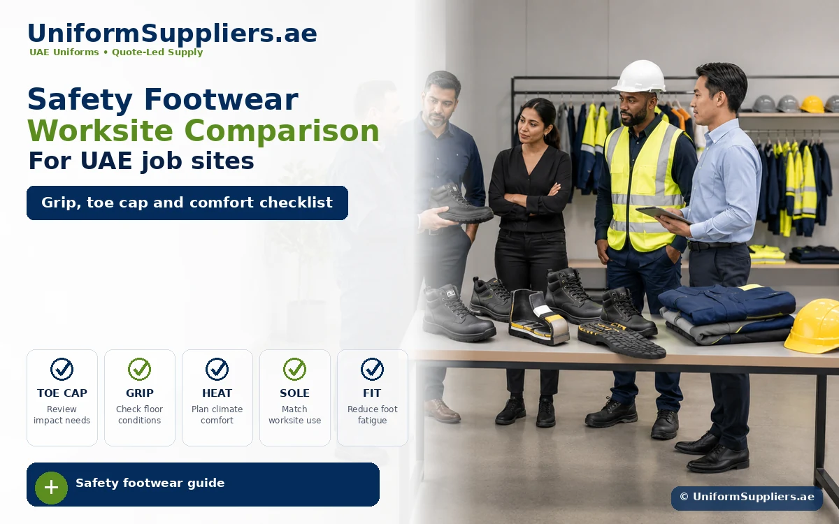 Infographic hero image showing UAE safety and procurement staff comparing safety footwear for worksite use.