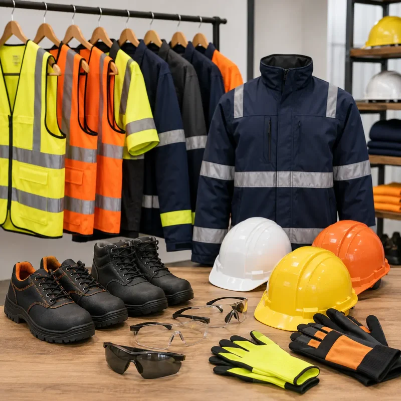 Safety workwear and PPE including high visibility clothing, helmets, gloves and safety shoes