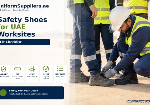 Site workers in high-visibility workwear having safety boot fit checked on a UAE worksite