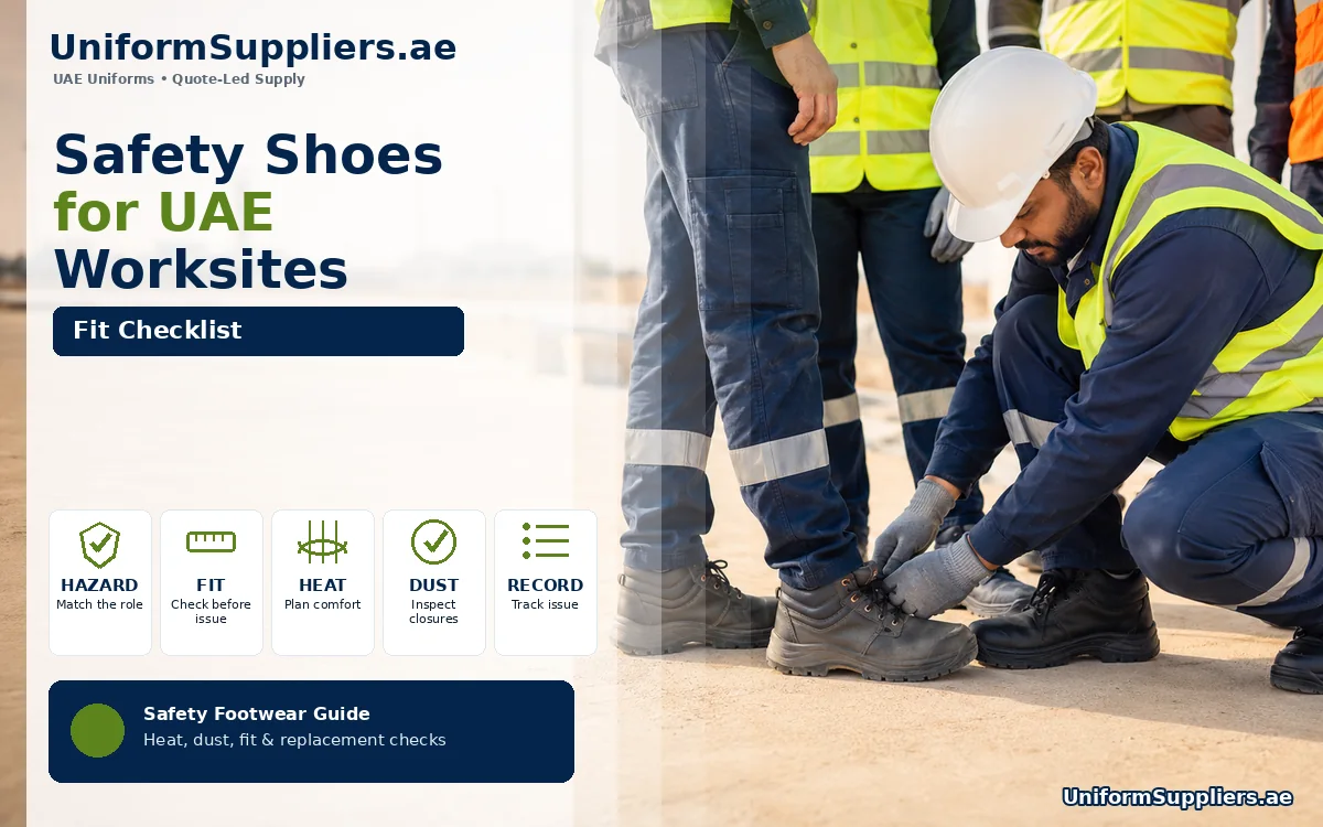 Site workers in high-visibility workwear having safety boot fit checked on a UAE worksite