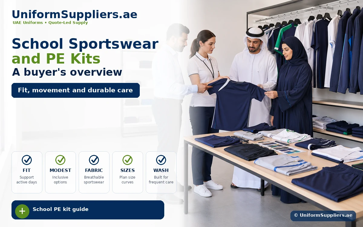 Banner scene of a clothing shop where staff and customers examine a navy school sports shirt, with racks of uniforms in the background and the headline 'School Sportswear and PE Kits – A buyer's overview' visible.