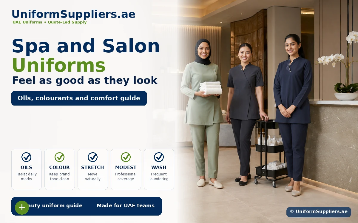 Hero image for UniformSuppliers.ae showing three spa staff in green, gray, and navy uniforms in a hotel lobby.