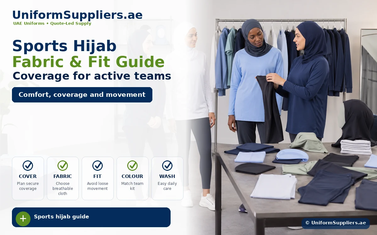 Banner image for UniformSuppliers.ae showing two women in hijab athletic wear in a showroom with folded fabrics on a table and a clothing rack in the background.