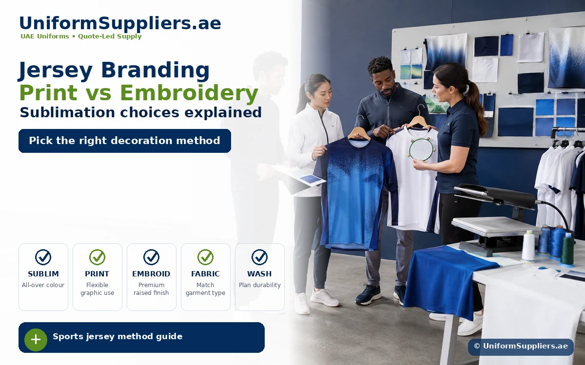 Branding hero: team evaluating jersey samples in a design studio with fabrics on a board and a printing/embroidery setup in the foreground
