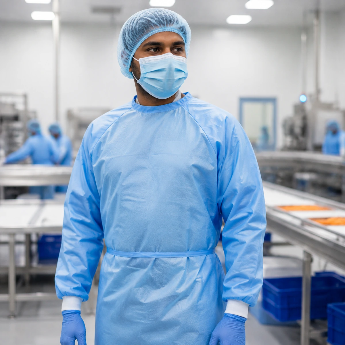 surgical-gown-reinforced-type-in-use-uae Surgical gown reinforced type product image for healthcare protective wear supply in the UAE and GCC.