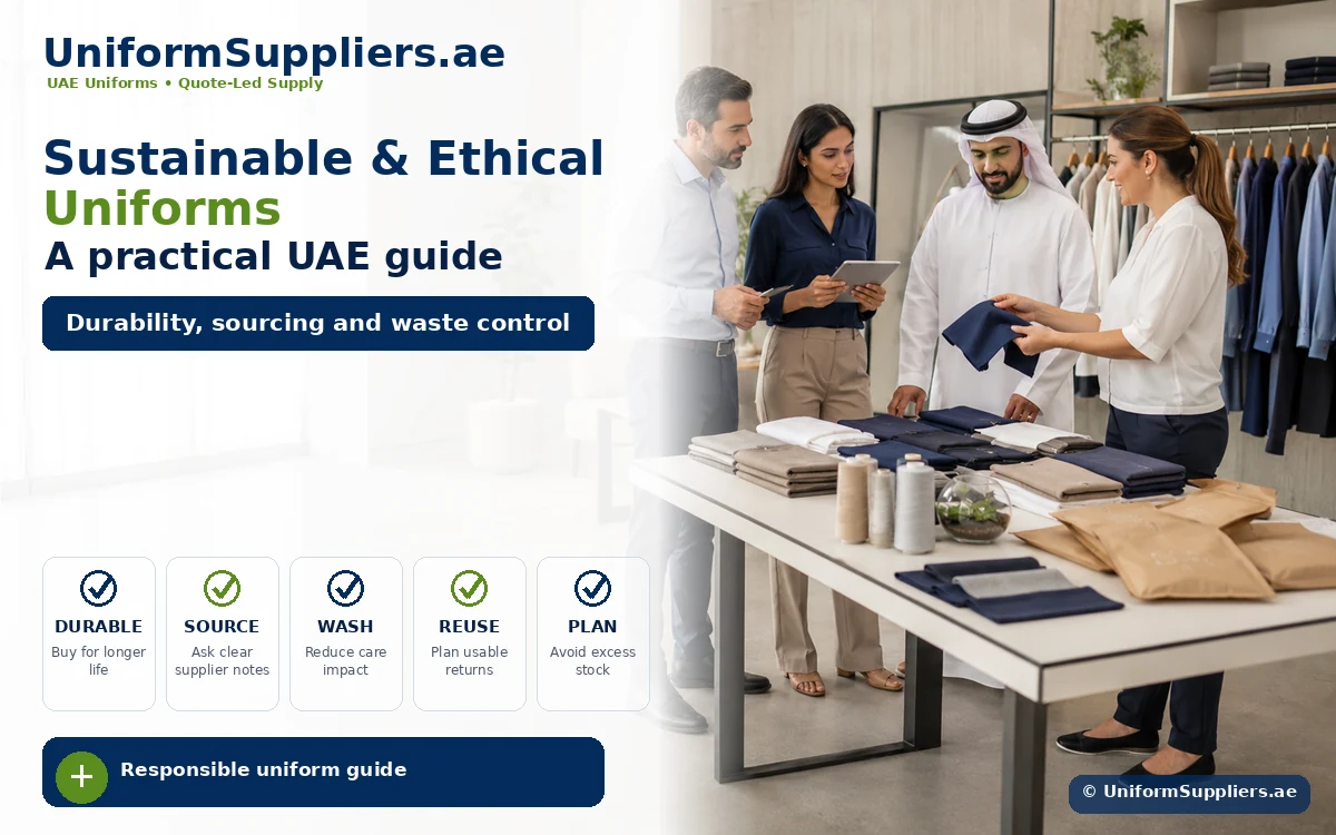Banner for a UAE uniforms guide: sustainable and ethical uniforms with a team reviewing fabric samples in a showroom.