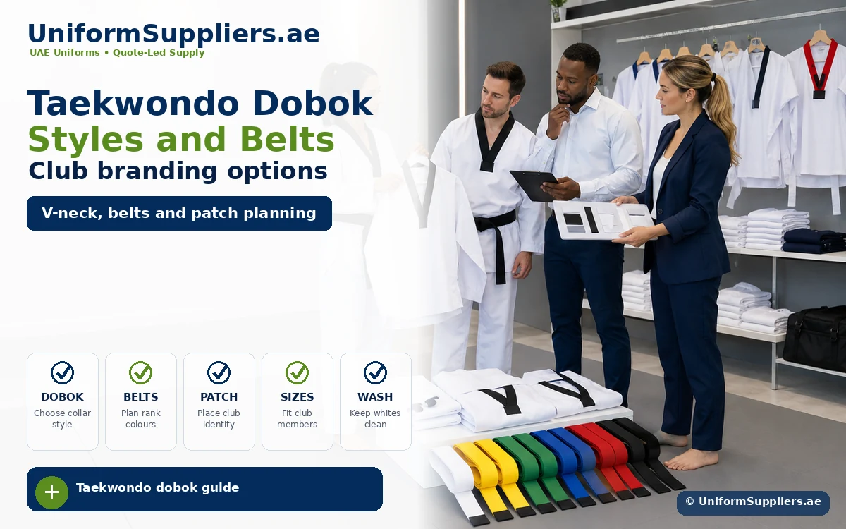 Group of professionals in a showroom reviewing taekwondo uniforms and belt color samples